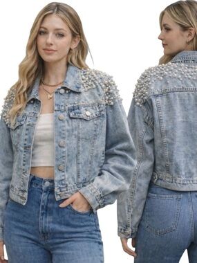 Pearl Embellished Cropped Denim Jacket Suze Medium Luxe Streetwear Chic